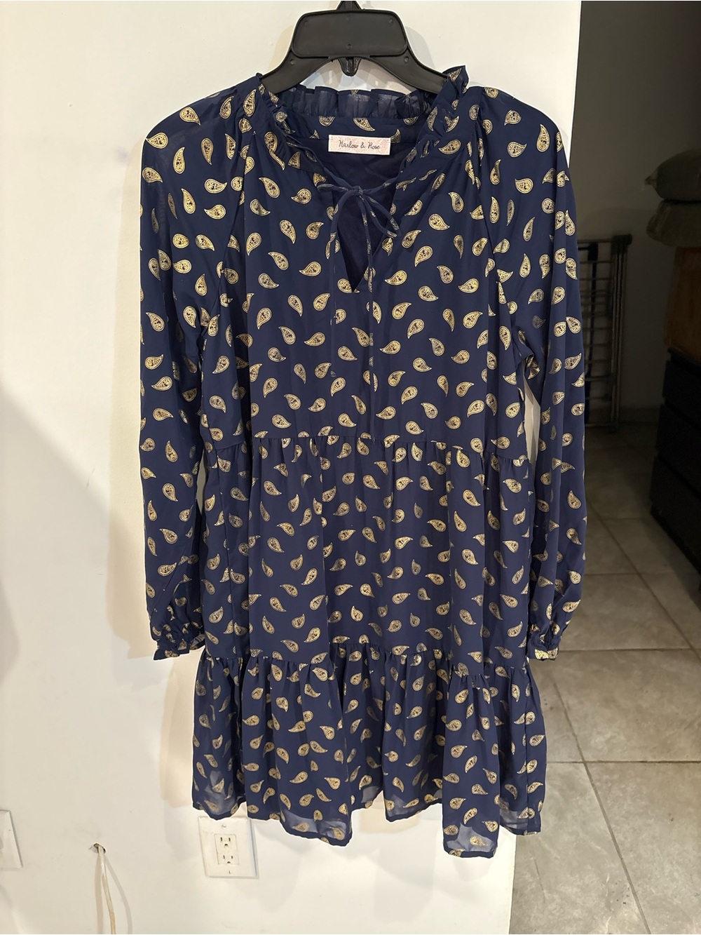 Rails & Romy Navy Paisley Long-Sleeve Tie-Neck Dress
